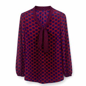 Mud Pie Red & Navy Chain Print Tie-Neck Bow Blouse | Size M